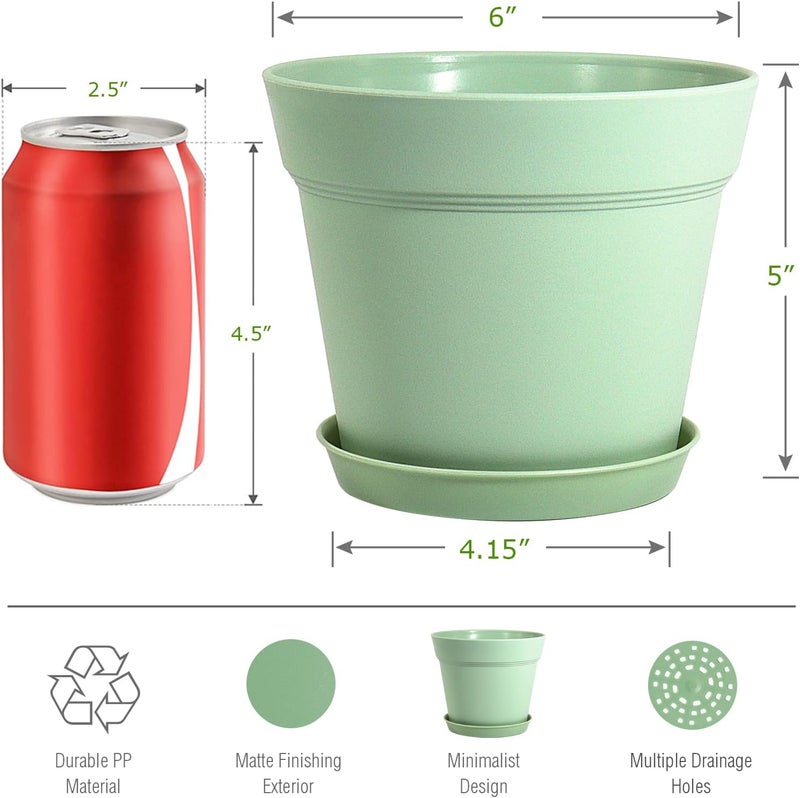WOUSIWER 16 Pack 6 inch Plastic Planters, Plastic Indoor Planter Flower Pots, Heavy Duty and Stylish 6 Inch Plant Pots for Indoor Plants with Drainage Holes and Tray for Plants Flowers, Green - Image 2